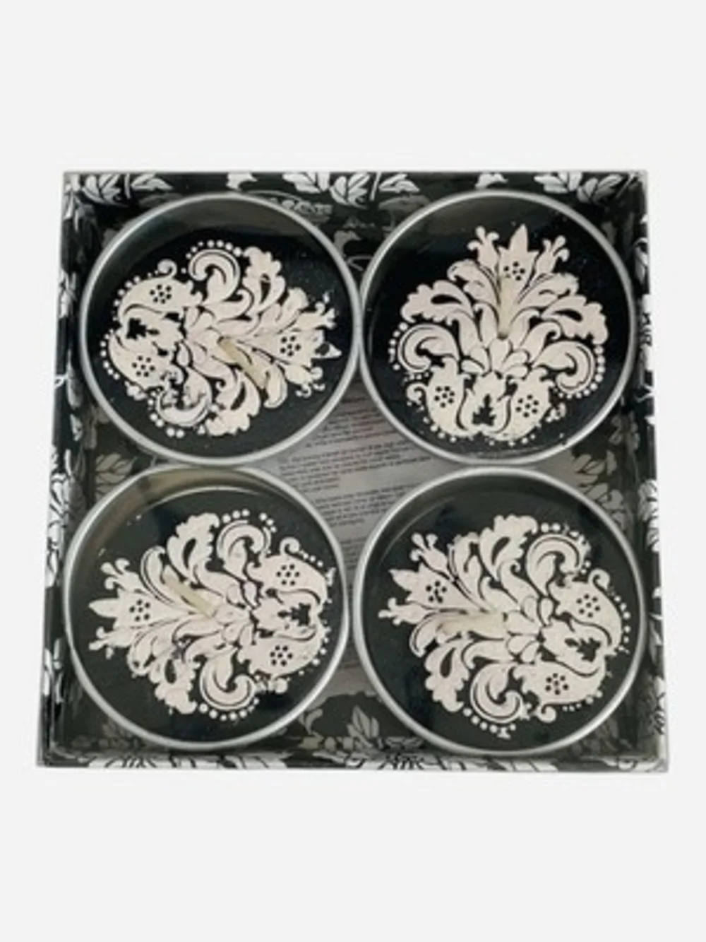 Black Ivory Damask Floral Tin Candles Set of 4 Amsterdam Decorative NIB